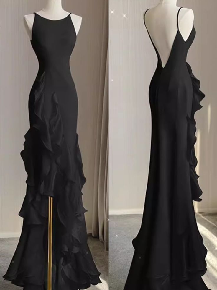 Black Mermaid Beach Wedding Dresses With Ruffles, Spaghetti Straps Backless Prom Gowns Main image