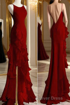 Black Mermaid Beach Wedding Dresses With Ruffles, Spaghetti Straps Backless Prom Gowns