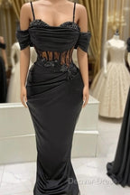 Black Mermaid Corset Prom Dresses Appliques Beaded