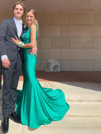 Black Mermaid Deep V-Neck Beaded Satin Long Prom Dress