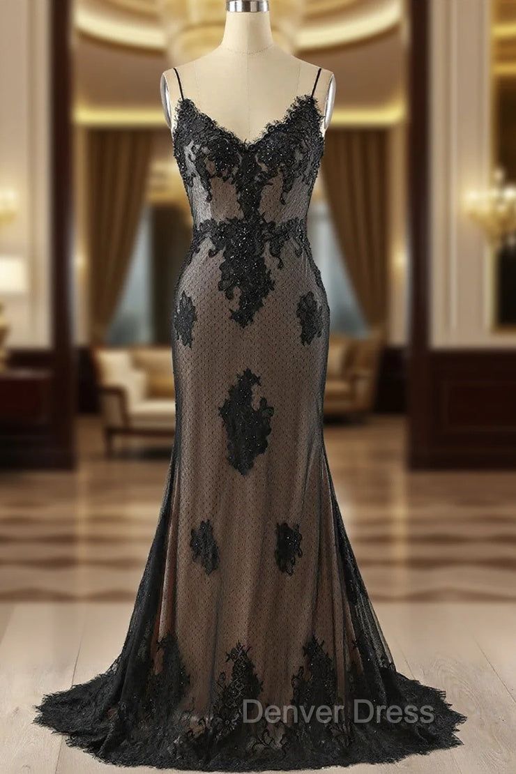 Black Mermaid Lace Straps Evening Dresses Party Dresses, Black Long Prom Dresses