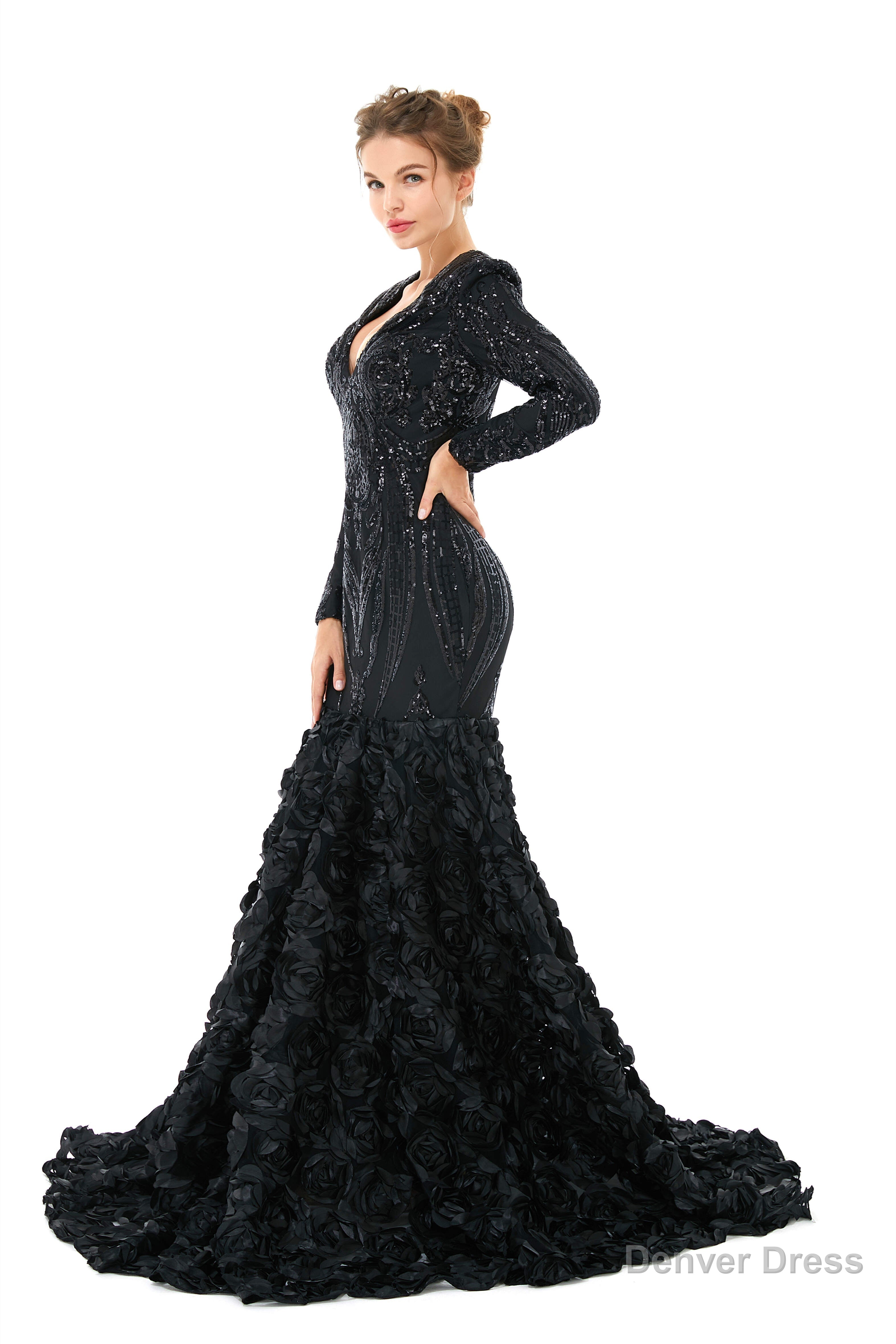 Mermaid Long Sequined Bling Full Sleeves Floral Skirt Prom Dresses Secondary image