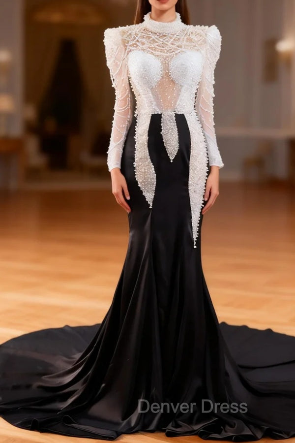 Black Mermaid Long Sleeve Pearls Prom Dresses