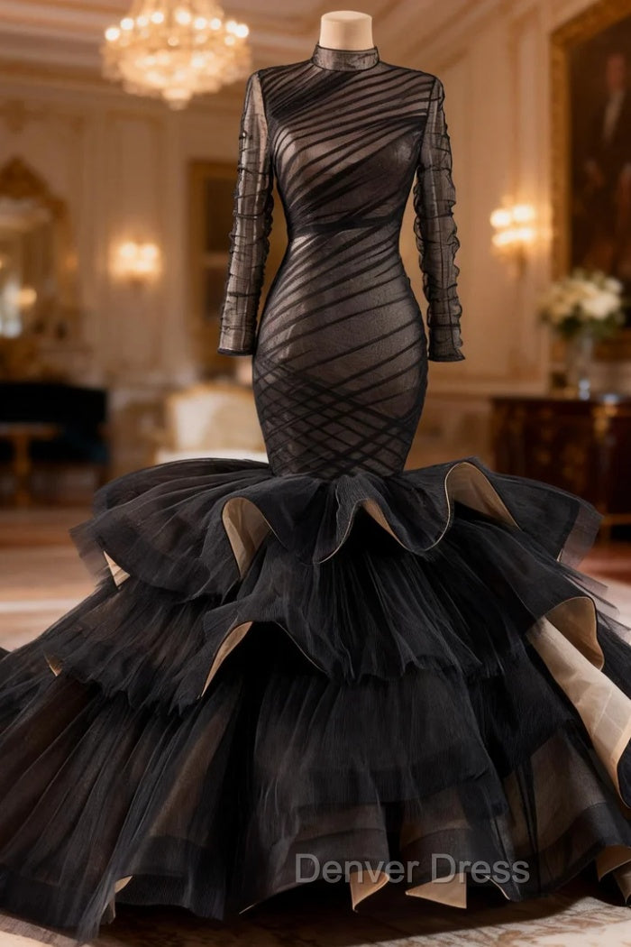 Black Mermaid Long Sleeve Pleats Prom Dresses Main image