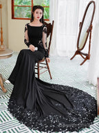 Black Mermaid Long Sleeves With Lace Wedding Prom Dress, Black Mermaid Prom Dresses