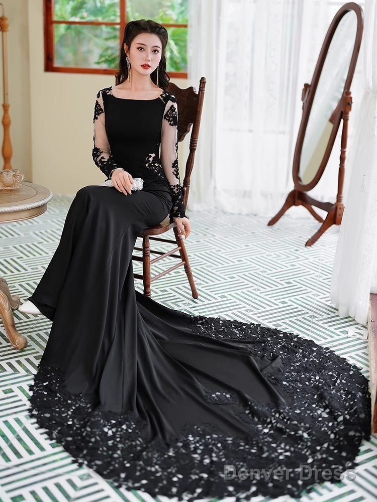 Black Mermaid Long Sleeves With Lace Wedding Prom Dress, Black Mermaid Prom Dresses