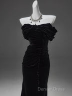 Black Mermaid Off-The-Shoulder Velvet Long Prom Dresses, Elegant Quinceanera Dresses