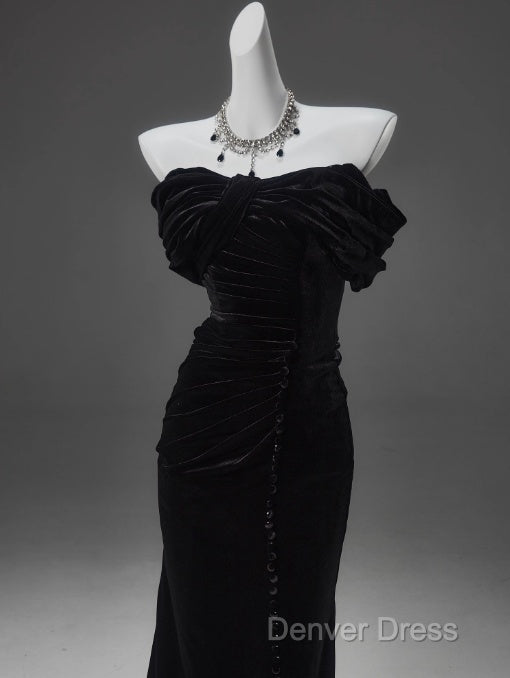 Black Mermaid Off-The-Shoulder Velvet Long Prom Dresses, Elegant Quinceanera Dresses