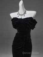 Black Mermaid Off-The-Shoulder Velvet Long Prom Dresses, Elegant Quinceanera Dresses