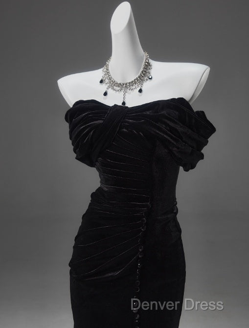 Black Mermaid Off-The-Shoulder Velvet Long Prom Dresses, Elegant Quinceanera Dresses