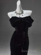 Black Mermaid Off-The-Shoulder Velvet Long Prom Dresses, Elegant Quinceanera Dresses