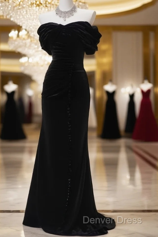 Black Mermaid Off-The-Shoulder Velvet Long Prom Dresses, Elegant Quinceanera Dresses Main image