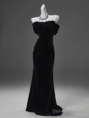 Black Mermaid Off-The-Shoulder Velvet Long Prom Dress, Elegant Quinceanera Dress