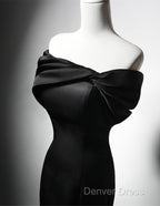 Black Mermaid Satin Off Shoulder Evening Dresses, Black Satin Prom Dresses