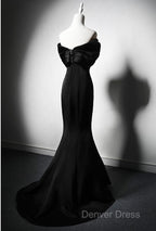 Black Mermaid Satin Off Shoulder Evening Dresses, Black Satin Prom Dresses