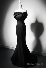 Black Mermaid Satin Off Shoulder Evening Dress, Black Satin Prom Dress