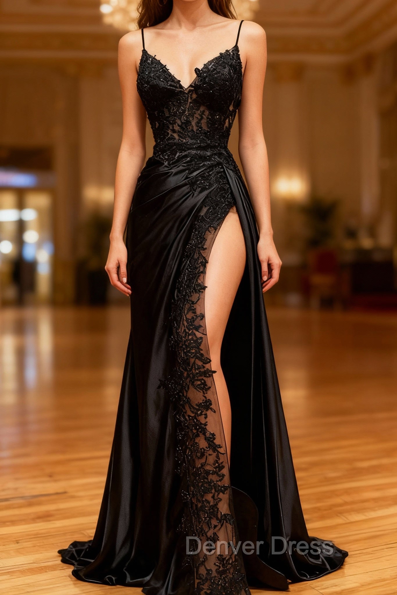 Black Mermaid Satin Spaghetti Sraps Prom Dresses Main image