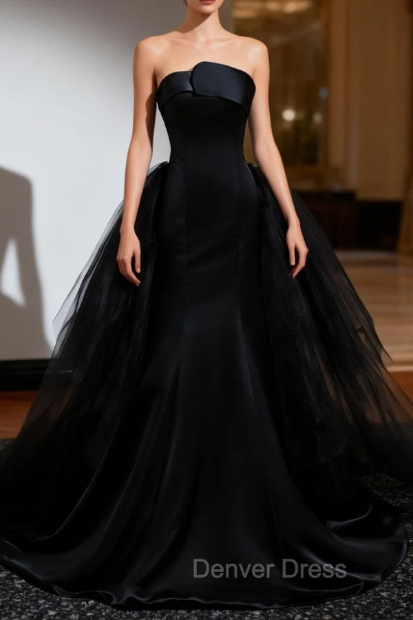 Black Mermaid Satin Tulle Strapless Prom Dresses