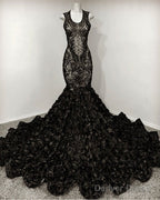 Black Mermaid Sequin Rosette Prom Dresses
