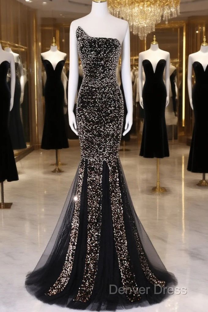 Black Mermaid Sequins Long Prom Dresses, Black Evening Dresses Party Dresses Main image