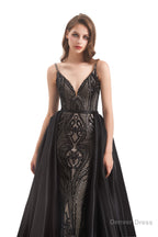 Mermaid Sequins Spaghetti Straps Prom Dresses With Detachable Train