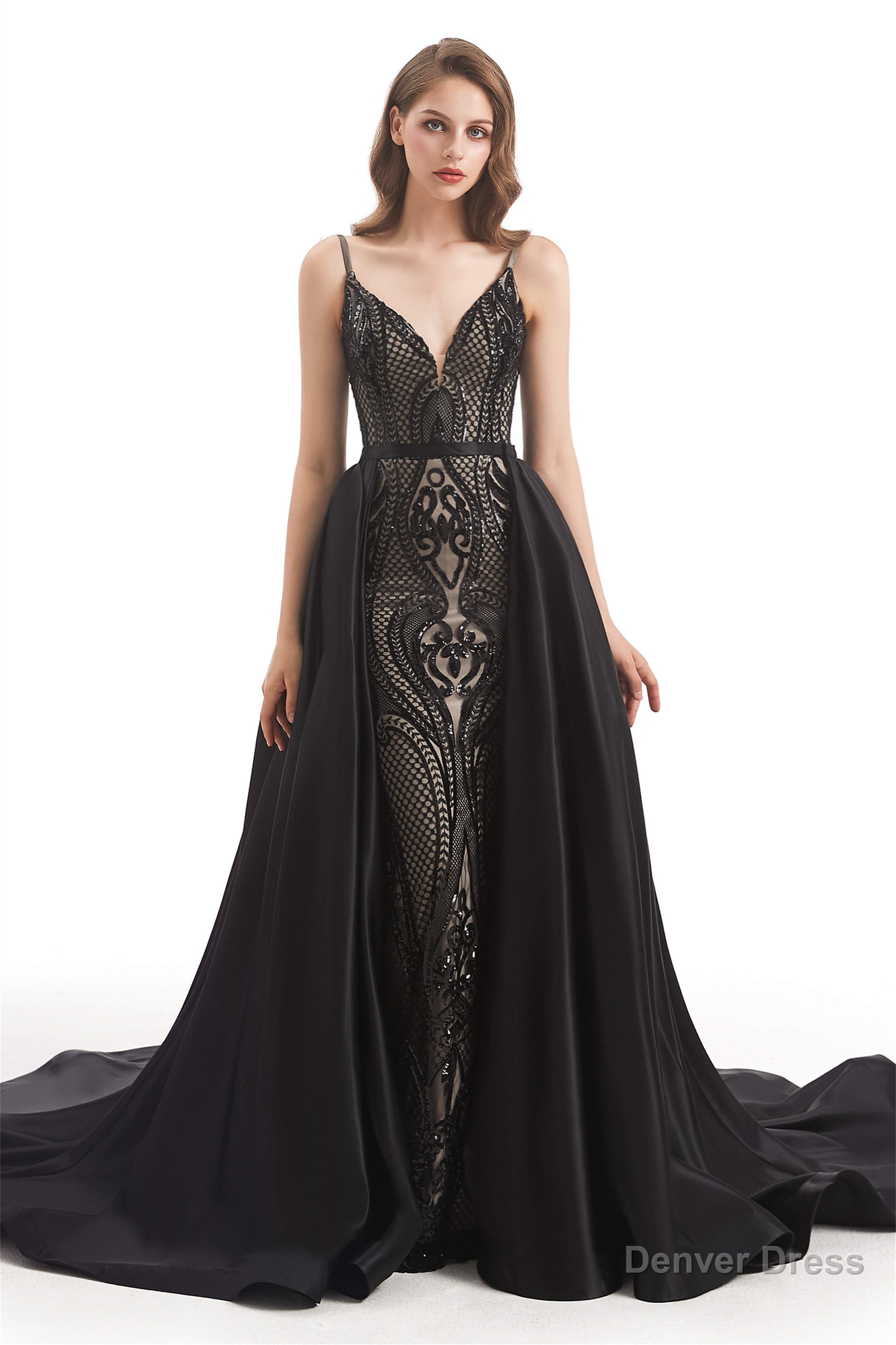 Mermaid Sequins Spaghetti Straps Prom Dresses With Detachable Train