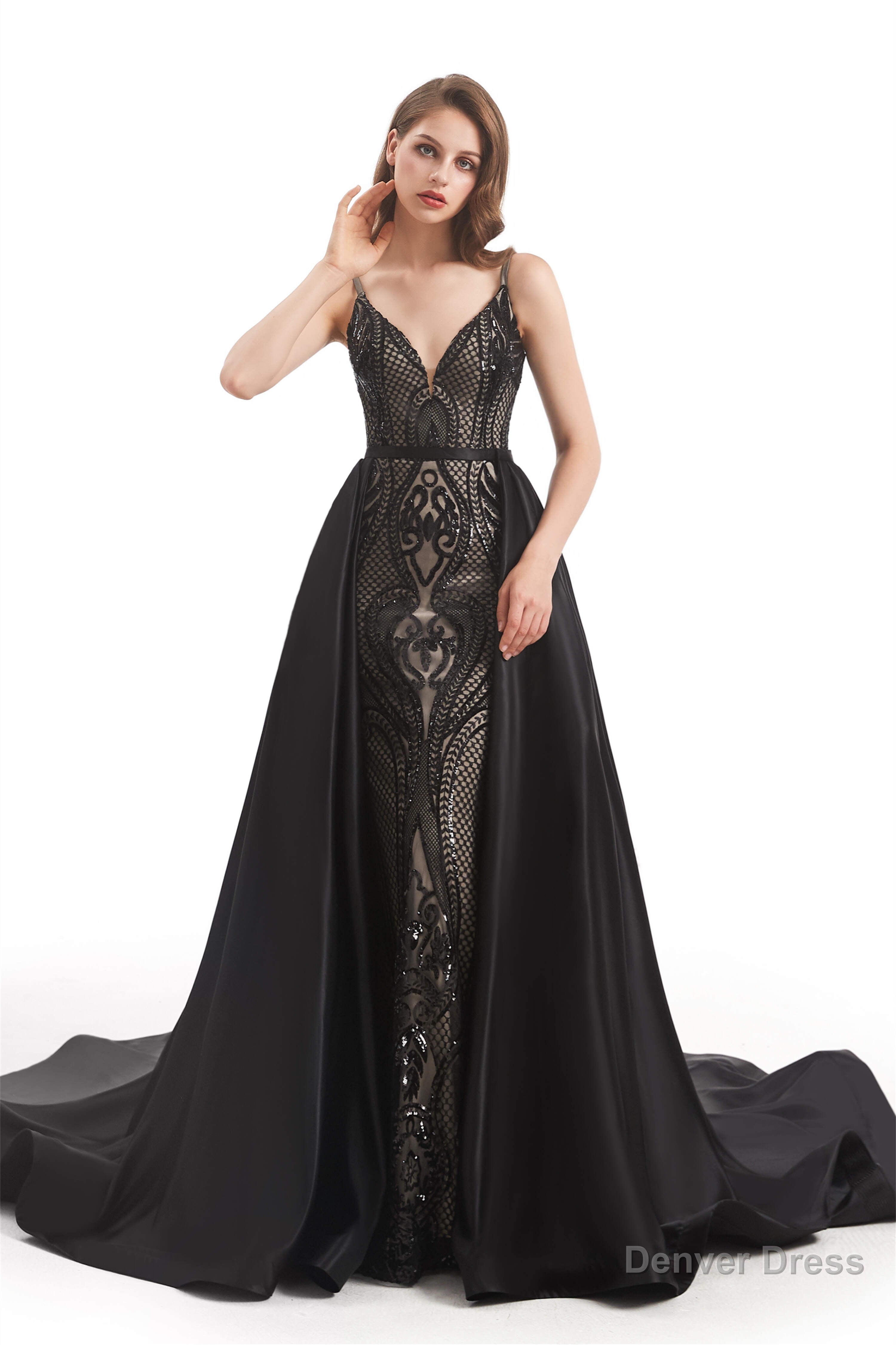 Mermaid Sequins Spaghetti Straps Prom Dresses With Detachable Train