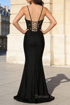 Black Mermaid Spaghetti Straps Corset Prom Dresses With Appliques