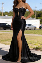 Black Mermaid Sweetheart Corset Long Prom Dresses with Slit