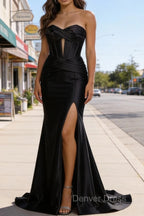 Black Mermaid Sweetheart Corset Long Prom Dresses with Slit
