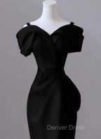 Black Mermaid Sweetheart Off Shoulder Prom Dress, Black Satin Prom Dresses