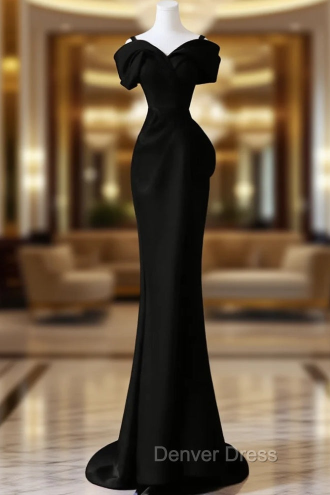 Black Mermaid Sweetheart Off Shoulder Prom Dress, Black Satin Prom Dresses