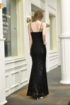 Mermaid V Neck Spaghetti Straps Sequins Split Floor Length Prom Dresses