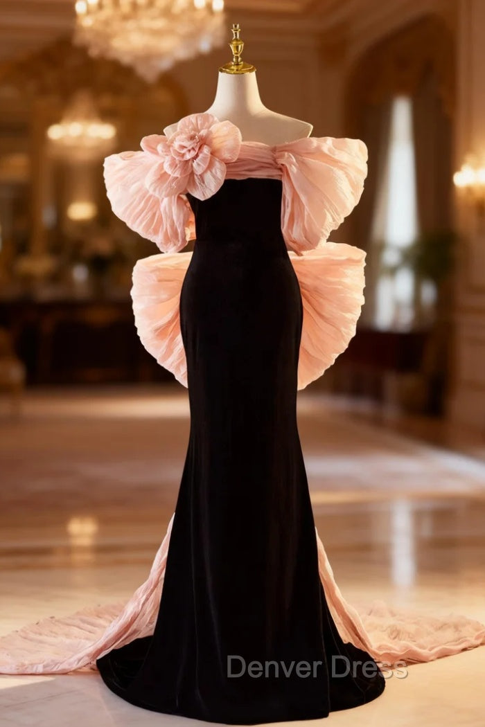 Black Mermaid Velvet Pink Bow Prom Dresses Main image