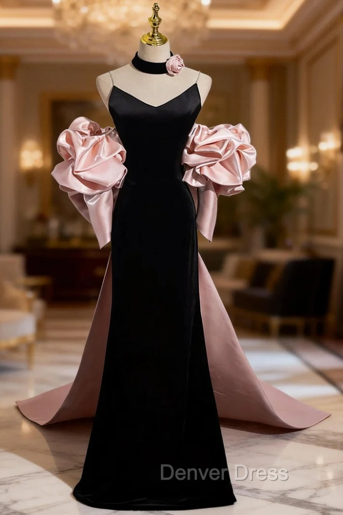 Black Mermaid Velvet Spaghetti Straps Pink Flower Prom Dresses Main image