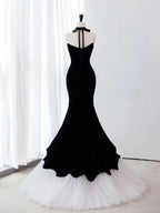 Black Mermaid Velvet Tulle Long Prom Dresses, Black Evening Dresses