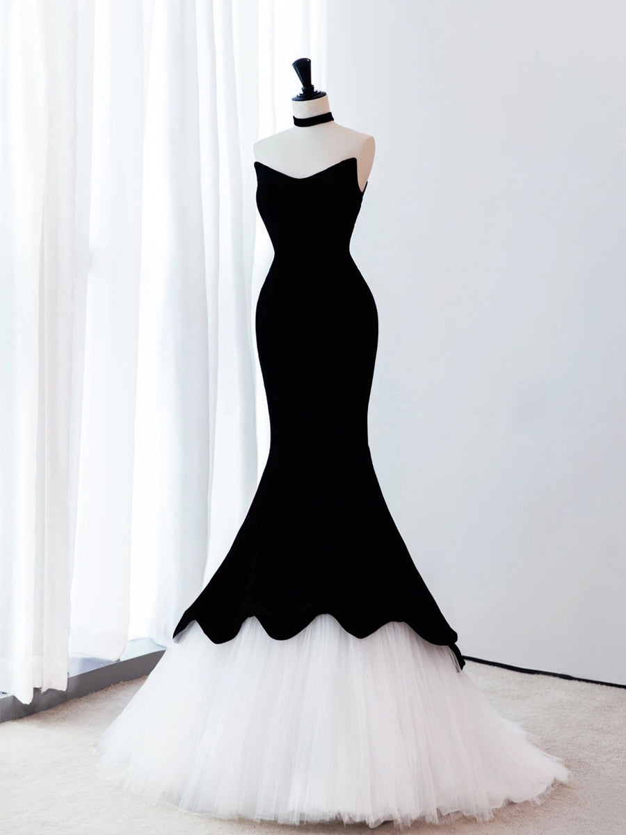 Black Mermaid Velvet Tulle Long Prom Dresses, Black Evening Dresses Main image