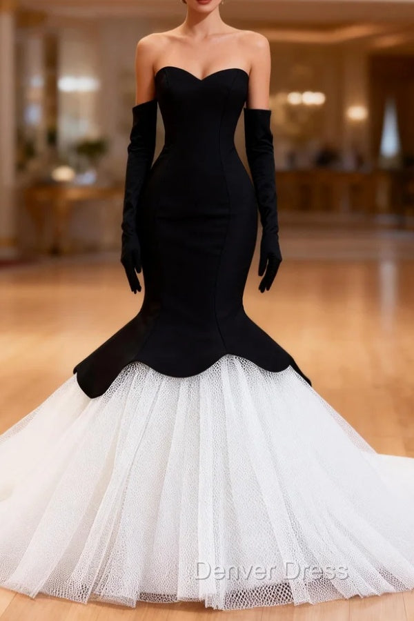 Black Mermaid White Tulle Long Sleeve Prom Dresses
