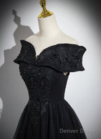 Black Off Shoulder A-Line Tulle With Lace Party Dress, Black Long Prom Dress