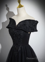 Black Off Shoulder A-Line Tulle With Lace Party Dress, Black Long Prom Dress