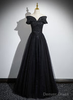 Black Off Shoulder A-Line Tulle With Lace Party Dress, Black Long Prom Dress