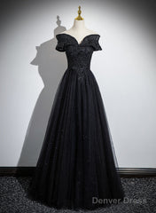 Black Off Shoulder A-Line Tulle With Lace Party Dress, Black Long Prom Dress