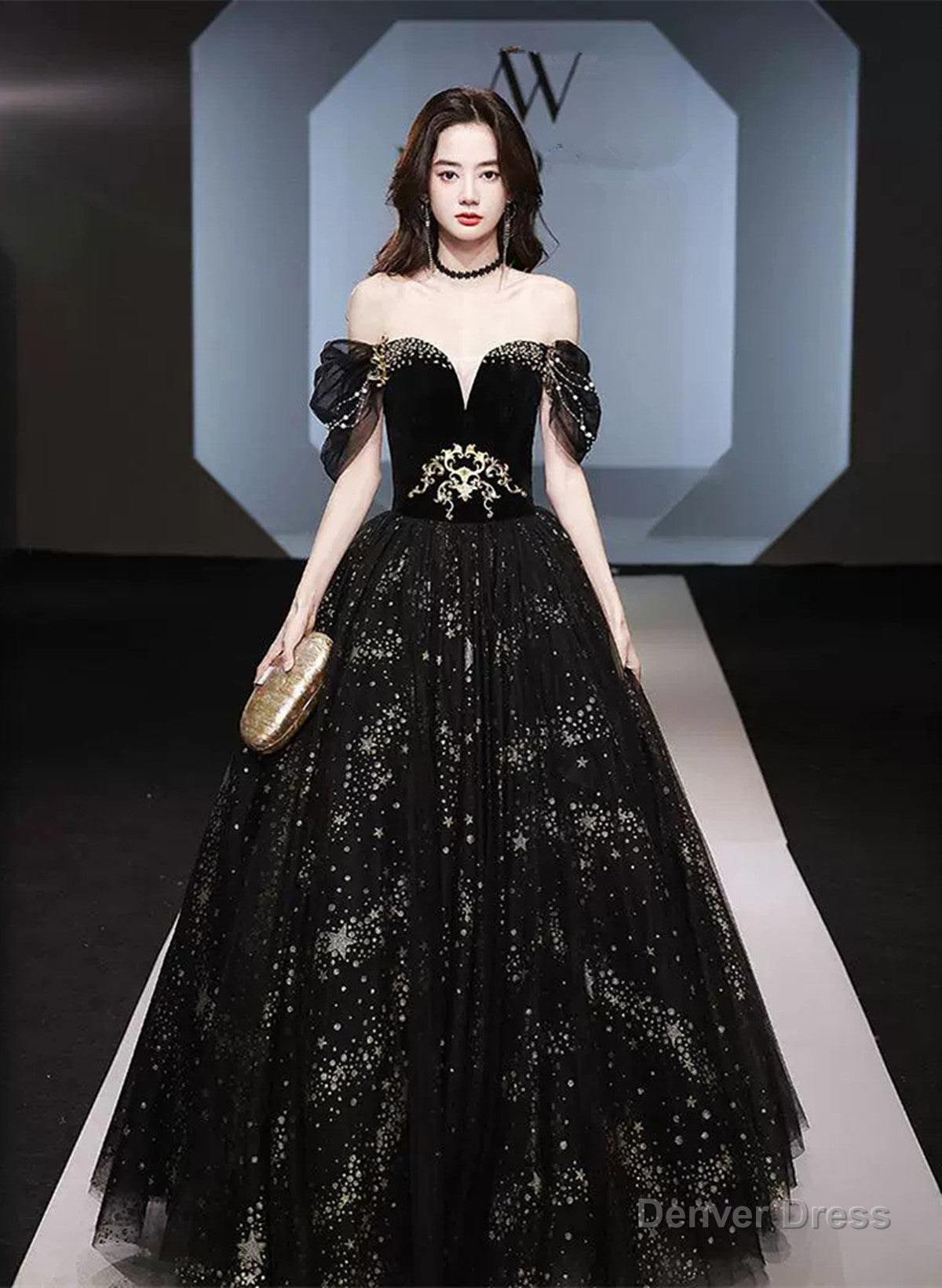 Black Off Shoulder Beaded Sweetheart Tulle Prom Dress, Black Prom Dresses Main image