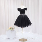 Black Off Shoulder Beaded Tulle Short Prom Dresses, Black Homecoming Dresses Formal Dresses