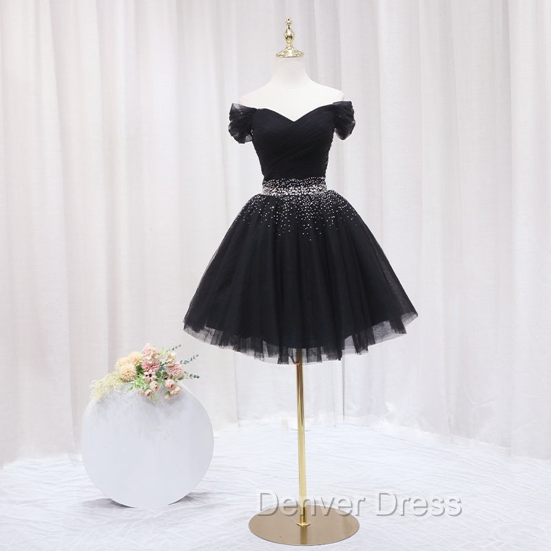 Black Off Shoulder Beaded Tulle Short Prom Dresses, Black Homecoming Dresses Formal Dresses