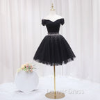 Black Off Shoulder Beaded Tulle Short Prom Dress, Black Homecoming Dress Prom Dresses