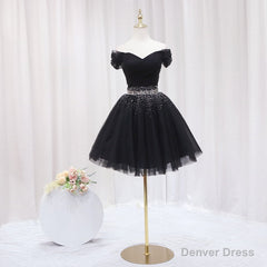 Black Off Shoulder Beaded Tulle Short Prom Dress, Black Homecoming Dress Formal Dress