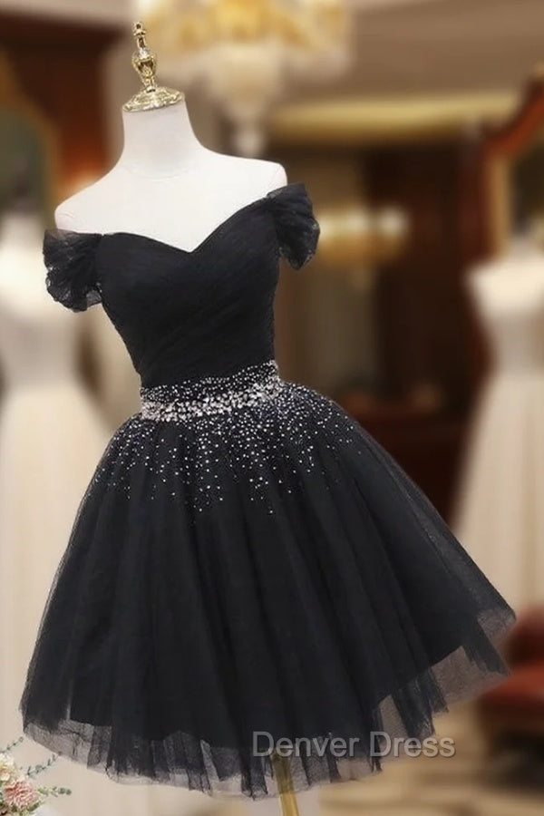 Black Off Shoulder Beaded Tulle Short Prom Dresses, Black Homecoming Dresses Formal Dresses