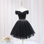 Black Off Shoulder Beaded Tulle Short Prom Dress, Black Homecoming Dress Prom Dresses
