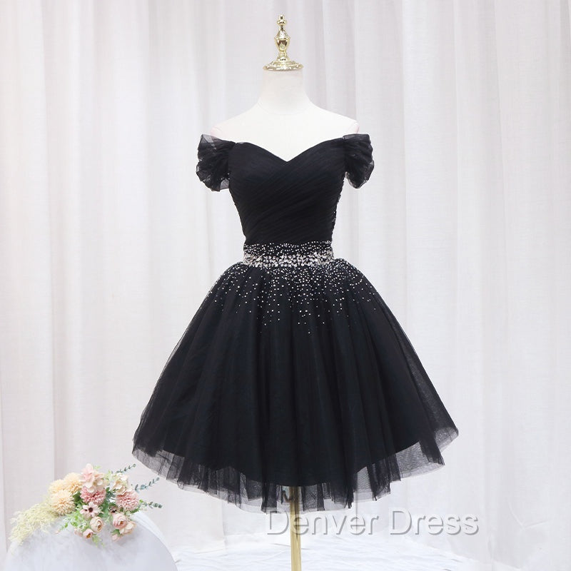 Black Off Shoulder Beaded Tulle Short Prom Dress, Black Homecoming Dress Prom Dresses